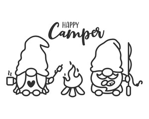 Camping gnomes. Three gnomes doing activities Hiking and fishing in the summer.