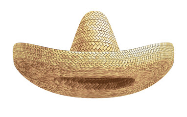 Realistic Summer Straw Wicker Hat like Mexican Sombrero in Front View