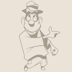 cartoon man in hat smiling points finger to the side