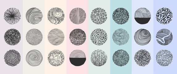 Set of hand drawn round abstract black and white backgrounds or patterns. Vector doodle shapes. Spots, drops, curves, pastel lines. Contemporary modern trendy. Posters, social media Icons templates.