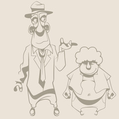 cartoon man in suit and hat scolds upset fat boy