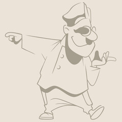 sketch of a cartoon man with glasses and a hat pointing his finger to the side