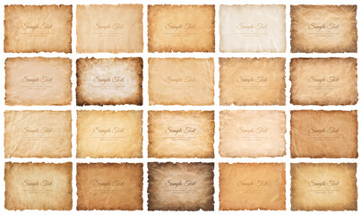 collection set old parchment paper sheet vintage aged or texture isolated on white background.