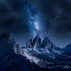 Fototapeta na wymiar Milky way over Tre Cime in Dolomites. Dolomites at night