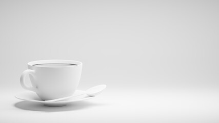 3D rendering of a white coffee cup on a white background with copy space