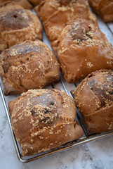 Traditional cypriot easter delicious cheese pastries flaounes in a table.