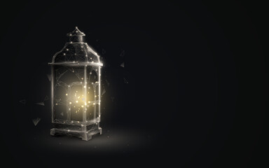 Ornamental Arabic lantern with burning candle glowing. Ramadan Kareem. Low poly, geometric, wire, Particles, lines, and triangles outline. Vector illustration