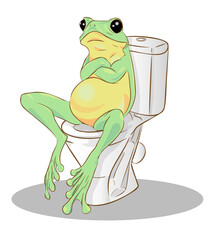 A pensive green frog sits on the toilet with its arms crossed over its chest. Vector illustration.
