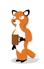 A gloomy fox with evil eyes holds a cup of coffee in his hand. Vector illustration. Bad morning concept
