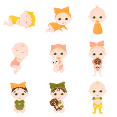 Newborn kids in different poses with toys - playing or sleeping, baby shower concept in cartoon style