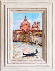 Silhouette of Venezian gondolier punting gondola in Grand canal.  Framed oil painting on canvas.
