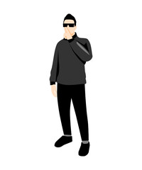 person in black jacket, black pants, black sneakers and sunglasses showing 