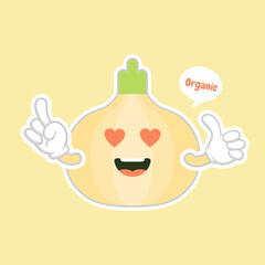 Onion. Cute vegetable vector character set isolated on color background. Funny and healthy food. Vitamins contained in onion. Food with cute face. Vector cartoon. Vector illustration of vegetable isol