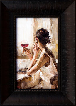 Beautiful attractive young woman  holding a glass of wine. framed oil painting on canvas.