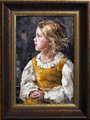 Framed portrait of  young girl, on a gray-blue cold background. Oil peinting on canvas.