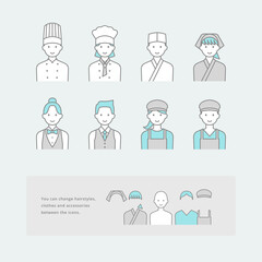 着せ替え可能な、シンプルな線画で描かれた、飲食業の人物アイコンセット