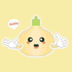 Onion. Cute vegetable vector character set isolated on color background. Funny and healthy food. Vitamins contained in onion. Food with cute face. Vector cartoon. Vector illustration of vegetable isol