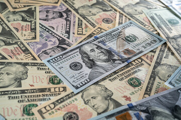 One hundred loddars top view macro. Background with money american hundred dollar bills