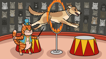 The cat trainer makes a big dog jump through a burning ring.