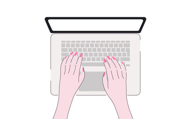 Woman working on laptop. Buisness woman. Studying. Vector backgroud. Keyboard typing. White laptop