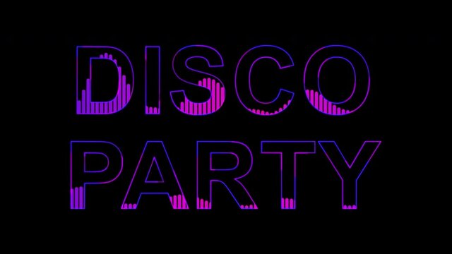 Disco party in 80s style. Party text with sound waves effect. Glowing neon lights. Retrowave and synthwave style. Intro text. Vj animation for night clubs, LED screens and projectors, music videos