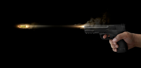 concept of freezing shot of a gun on a dark backgroundFreezing shot of a gun on a dark background. Concept gun club, gun-shop, shooting range