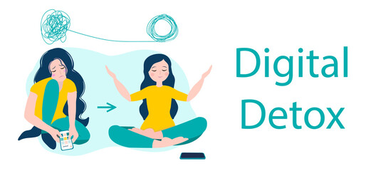Digital detox and meditation. Woman meditating in lotus position. Vector illustration in flat style.