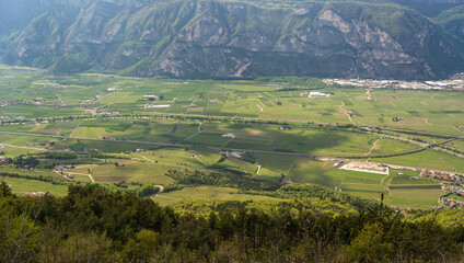 Rotaliana Valley landscape from Corona Mount in Trentino Alto Adige, northern Italy, Europe. Corona Mount is a 1,035 meter high mountain in the Val di Cembra.