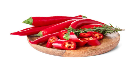 Wooden plate with chili peppers on white background