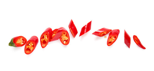 Slices of fresh chili peppers on white background