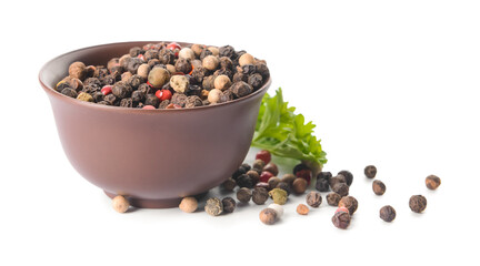 Bowl with peppercorns on white background