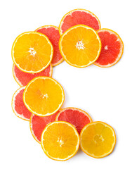 Letter C made of grapefruit and orange slices on white background