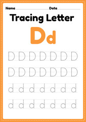 Tracing letter d alphabet worksheet for kindergarten and preschool kids for handwriting practice and educational activities in a printable page illustration.