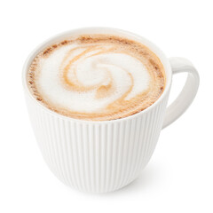 Cup of hot cappuccino on white background