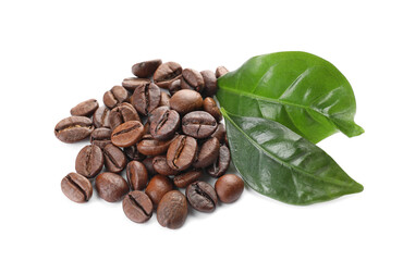 Coffee beans and green leaves on white background