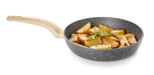Frying pan of tasty potatoes with parsley on white background
