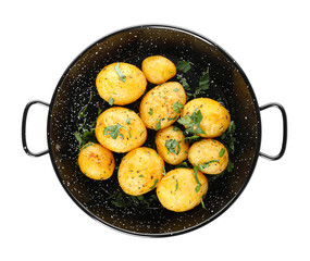 Frying pan of tasty potatoes with parsley on white background