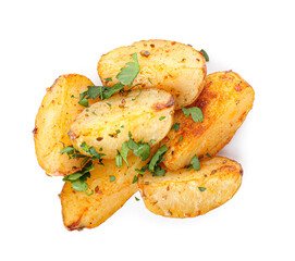 Tasty baked potatoes with parsley on white background