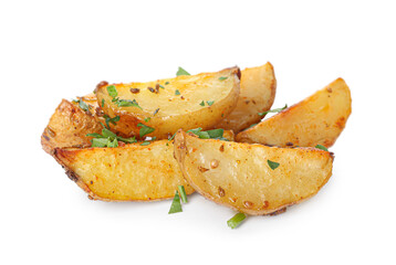 Tasty baked potatoes with parsley on white background