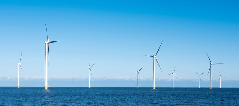 wind turbines in water of ijsselmeer near Urk in dutch part of noordoostpolder
