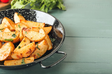 Frying pan of tasty potatoes with parsley on color wooden background