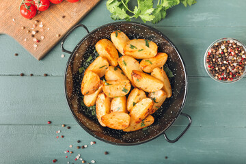 Frying pan of tasty potatoes with parsley on color wooden background
