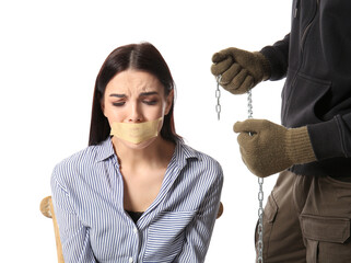 Terrorist with female hostage on white background