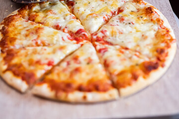 Close up and selective focus of a home cooked thin crust four cheese pizza cut in to slices on a wooden cutting board
