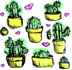 vector illustration with cacti and hearts on white background