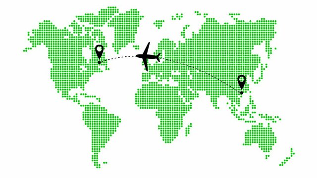 Animated the plane flies along a trajectory from Asia to America. Airplane travel. Airplane fly from right to left. Green world map from point pattern on a white background.