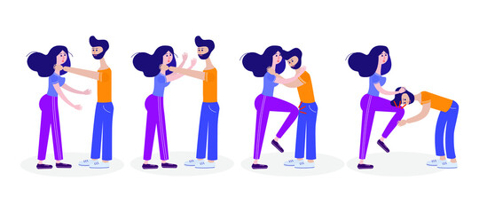 Self-defense. Self-defense technique for a woman. Lesson for girls. How to save from bullies. Vector educational illustration.