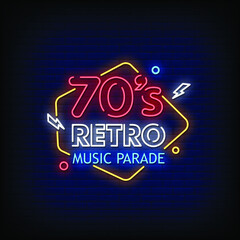 70's Retro Music Parade Logo Neon Signs Style Text Vector