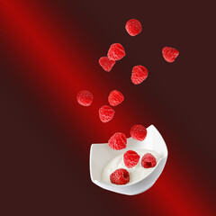 Fresh raspberries falling into bowl  with yogurt isolated on dark red