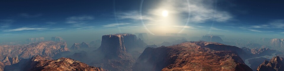 Alien surface of the planet at sunrise, Martian sunset, Mars at sunset, Sunrise on Mars, 3D rendering © ustas
